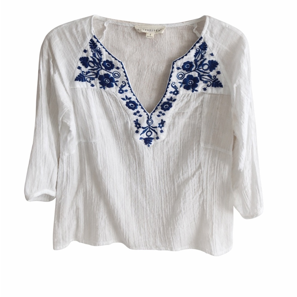 White & blue boho embroidered blouse
